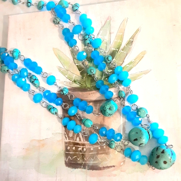 Gen. Turquoise/Crystal 3-tier Necklace Set - Picture 1 of 4
